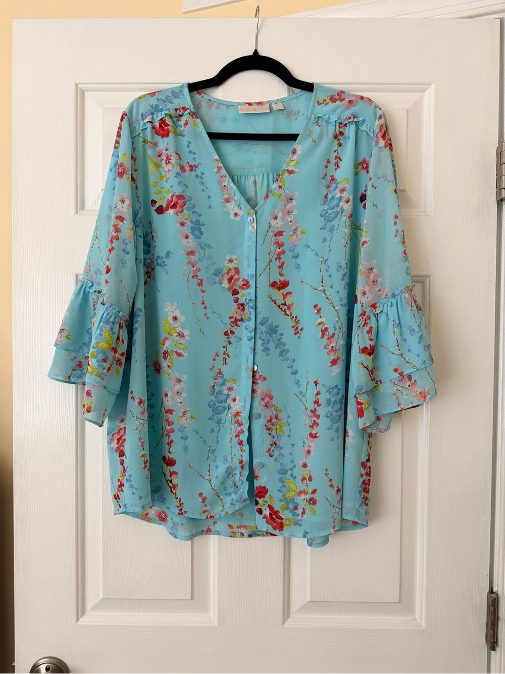 Belle by Kim Gravel Sky Blue Floral Ruffle Sleeve Button Blouse